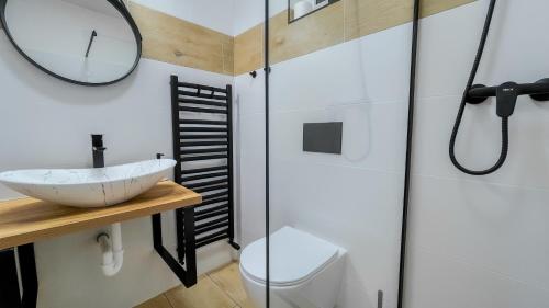 a bathroom with a sink and a toilet and a mirror at apartmány Svätého Martina in Holíč