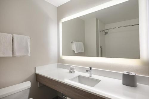 a white bathroom with a sink and a mirror at Holiday Inn Express Sheboygan-Kohler / I-43 by IHG in Sheboygan