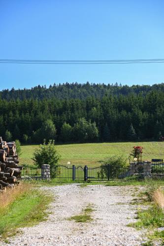 a dirt road with a fence and a field at Myśliwska chata Staś i Nel in Bystrzyca Kłodzka