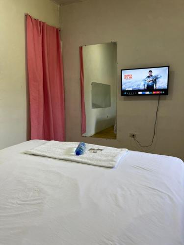 a bedroom with a bed and a tv on the wall at Escapada Hotel in Puerto de Luperon