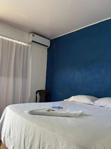 a bedroom with a blue wall and a bed at Escapada Hotel in Puerto de Luperon