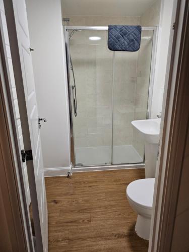 a bathroom with a shower and a toilet and a sink at Very Large King bedroom- Dartford Central in Dartford