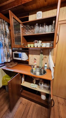 a kitchen with a sink and a microwave at Chata u Hagrida in Štrba