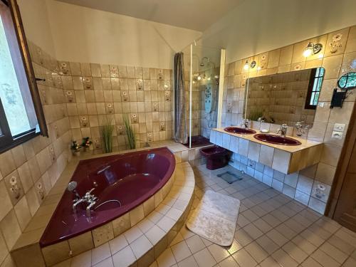 a large bathroom with a large tub and two sinks at Propriété de charme avec vue panoramique in Mongauzy
