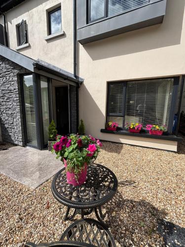 a table with a potted plant on it in front of a house at Atlas Harbour Monkstown in Monkstown