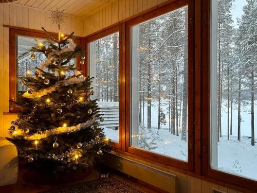 a christmas tree sitting in front of a window at Lumossa Aurora Lakeside House in Rovaniemi