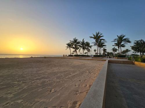 an empty beach with palm trees and the sunset at الدرر البانورامية للعوائل فقط in King Abdullah Economic City
