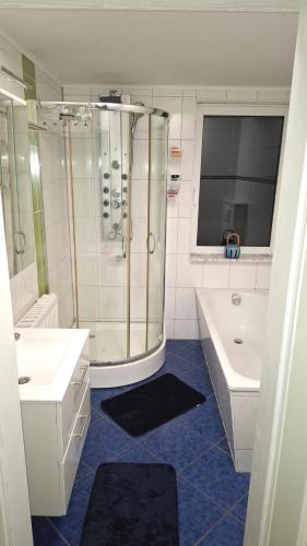 a bathroom with a shower and two sinks and a tub at Ferienwohnung Möwennest in Nordenham