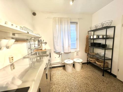 eine Küche mit Toilette und Fenster in der Unterkunft Wohnung Bel Etage im historischen Amtshaus in Fehmarn