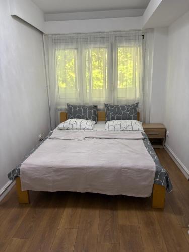 a large bed in a bedroom with two windows at Apartments Sat in Belgrade