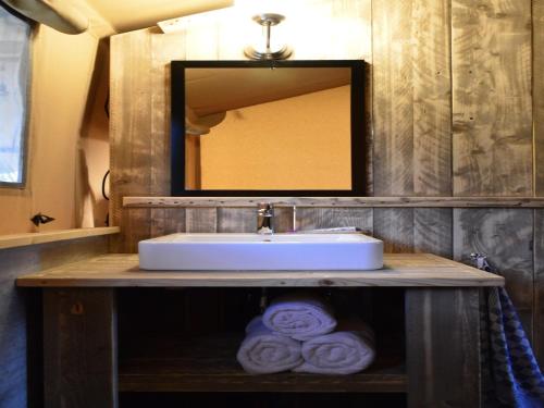 a bathroom with a sink and a mirror and towels at Apartment in the Netherlands near Delft in 's-Gravenzande