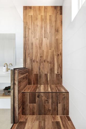 a wooden wall in a kitchen with wooden flooring at Desert Contemporary Compound - Large Modern Oasis in Joshua Tree