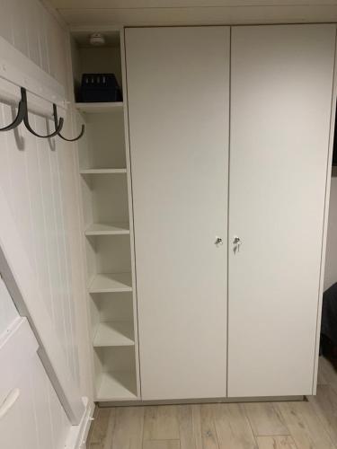 a white closet with shelves in a room at Le repos des escargots - Appartement classé 1 à 6 personnes avec jardin ombragé et aménagé in Haguenau