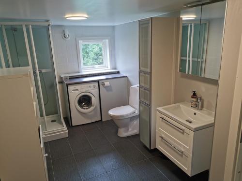 a bathroom with a toilet and a washing machine at Cozy little house, centrally located in Ed! in Ed