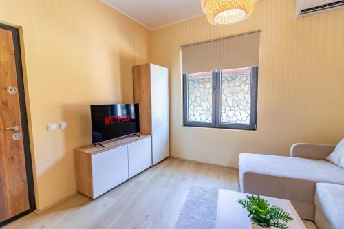 a living room with a couch and a tv at Ramonda in Veliko Gradište