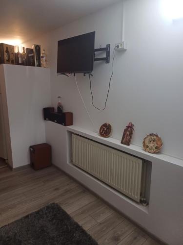 a living room with a flat screen tv and a radiator at pensiune Valentin, apartament 2 dormitoare cu terasa, Iulius Mall in Timişoara