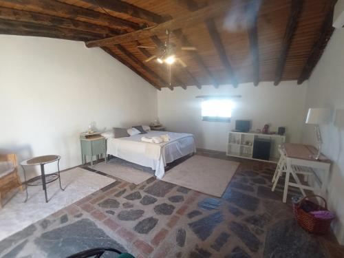 a bedroom with a bed and a table and a desk at Casa de la luz-Finca la Sierra in Berzocana