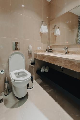 a bathroom with a toilet and a sink and a tub at Gabala Karvansaray Hotel in Gabala