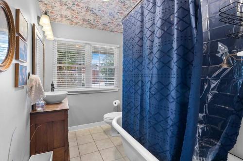 a bathroom with a blue shower curtain and a toilet at Historic Home in Downtown Clinton in Clinton