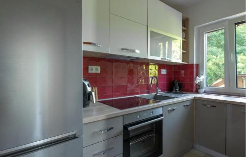 a kitchen with white cabinets and red tiles at Nice Home In Draganic With House A Panoramic View in Draganići