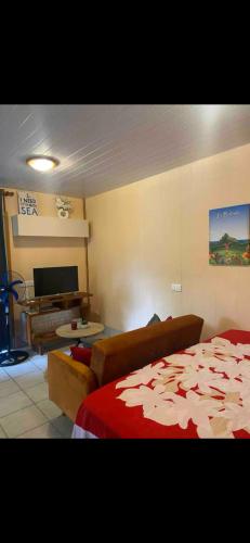 a bedroom with a bed and a couch and a television at Bungalow Vaihere in Orufara