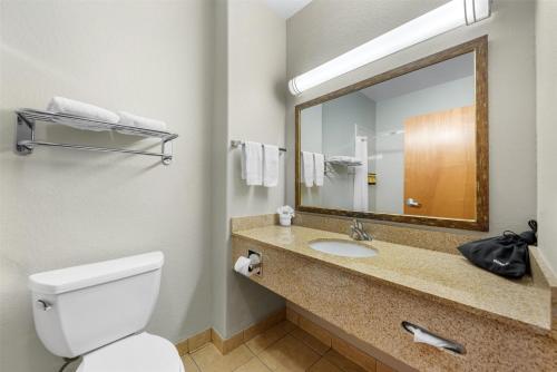 a bathroom with a toilet and a sink with a mirror at Best Western Plus San Antonio East Inn & Suites in San Antonio