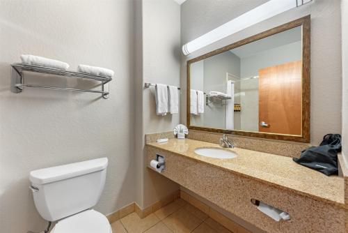 a bathroom with a toilet and a sink with a mirror at Best Western Plus San Antonio East Inn & Suites in San Antonio