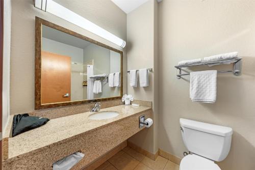 a bathroom with a toilet and a sink with a mirror at Best Western Plus San Antonio East Inn & Suites in San Antonio