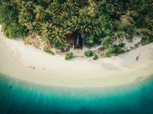 an aerial view of an island with palm trees and the ocean at Diamond Island Eco Resort in Pulau Palambakbesar