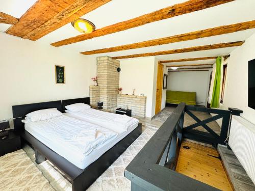 a bedroom with a bed in a room at Vila Eruga- Apartament 5 in Poiana Mărului