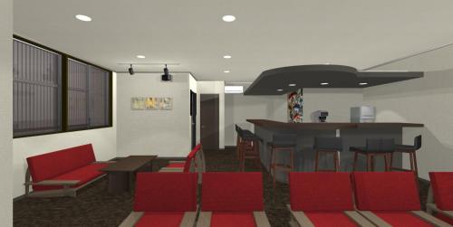 a living room with red chairs and a bar at UDON na HOTEL 琴平 in Kotohira