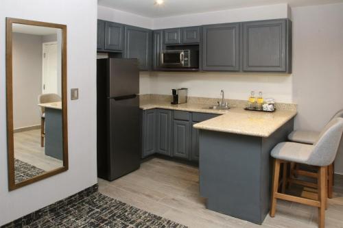 a kitchen with black cabinets and a counter top at voco Saltillo Suites by IHG in Saltillo