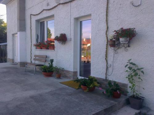 a building with potted plants and a bench next to a window at Apartman YVET in Sučany