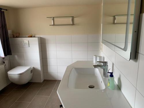 a white bathroom with a sink and a toilet at Cozy Family Apartment in Braunichswalde