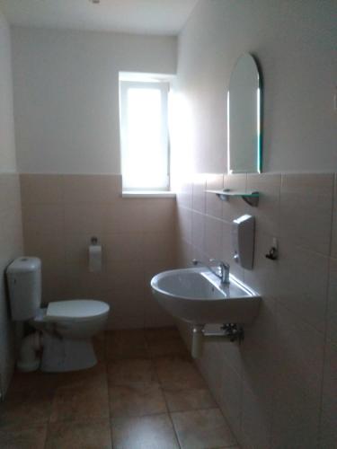 a bathroom with a sink and a toilet and a window at Ubytovňa Pali in Kežmarok