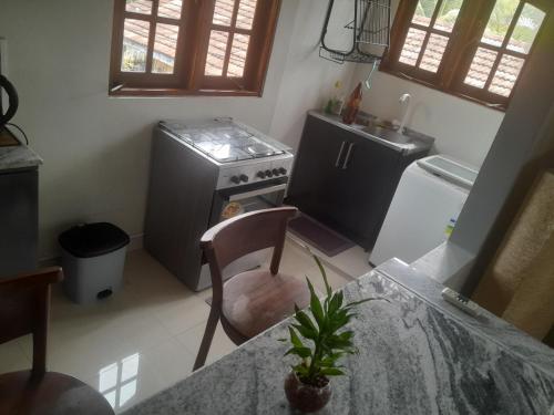 a kitchen with a stove and a table with a plant at Ralph recedency in Kochchikade