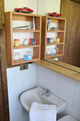 a bathroom with a sink and a toy car on shelves at Cabañas Rapallo in Licán Ray