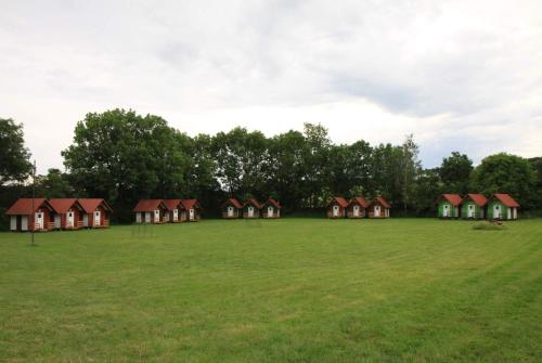 a large grass field with a row of houses at Penzion Haberský vrch in Habří