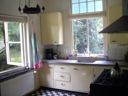 a kitchen with a sink and two windows at Holiday Home in Zelhem with Garden in Zelhem