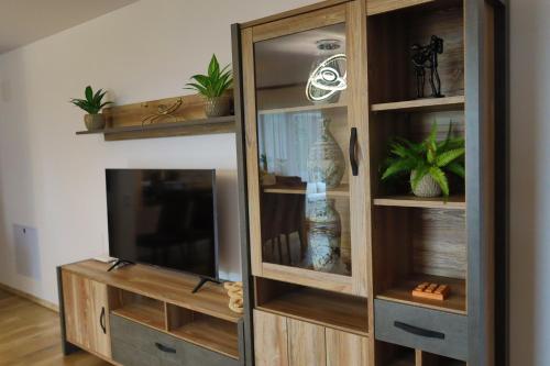 a wooden entertainment center with a television in a living room at Lilo HOME in Sibiu