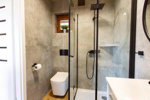 a bathroom with a shower and a toilet and a sink at Ranczo pod laskiem 