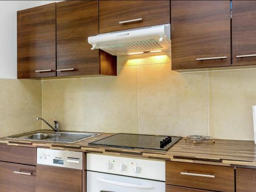 Una cocina con gabinetes de madera y un horno de estufa. en Apartment Montauroux near Lake Cassien, en Montauroux