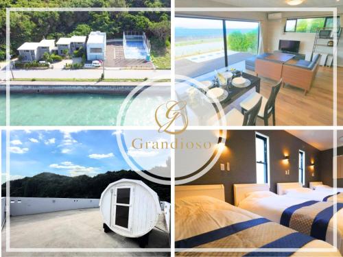 a collage of photos of a bedroom and a caravan at Padel Okinawa Villa - Vacation STAY 32469v in Uruma