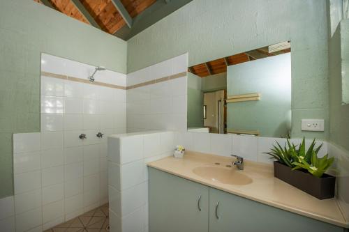 ein Bad mit einem Waschbecken und einem Spiegel in der Unterkunft Island Leisure Resort in Nelly Bay