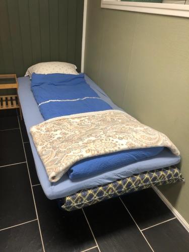 two beds with blue sheets and a blanket on them at Billigst i Arendal sentrum uten dusj næringslokaler klinikk og verksted in Arendal