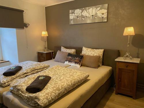 a bedroom with two beds and two lamps at Holiday home in Ouren with infrared sauna in Burg-Reuland