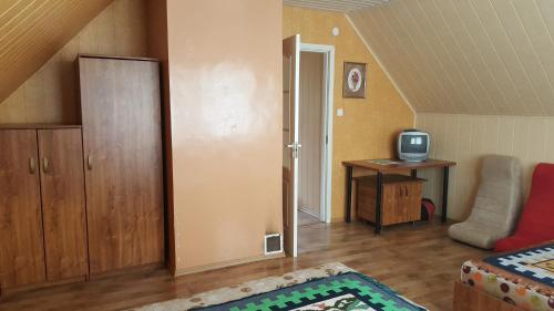 una pequeña sala de estar con cama y TV. en Petronių sodyba, en Rukliai