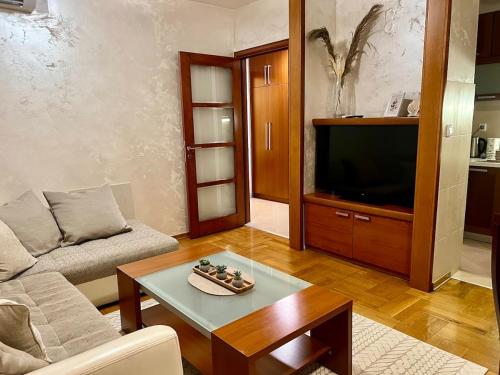 a living room with a couch and a coffee table at Cozy Modern Apartment Podgorica in Podgorica