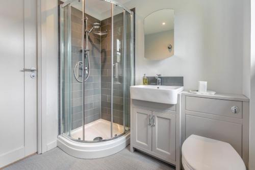 a bathroom with a shower and a toilet and a sink at 1 Bed in Lostwithiel oc-n32748 in Lostwithiel