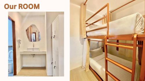 two photos of a room with a bunk bed and a bathroom at Ubox samui hostel & Bungalow - Chaweng beach in Chaweng
